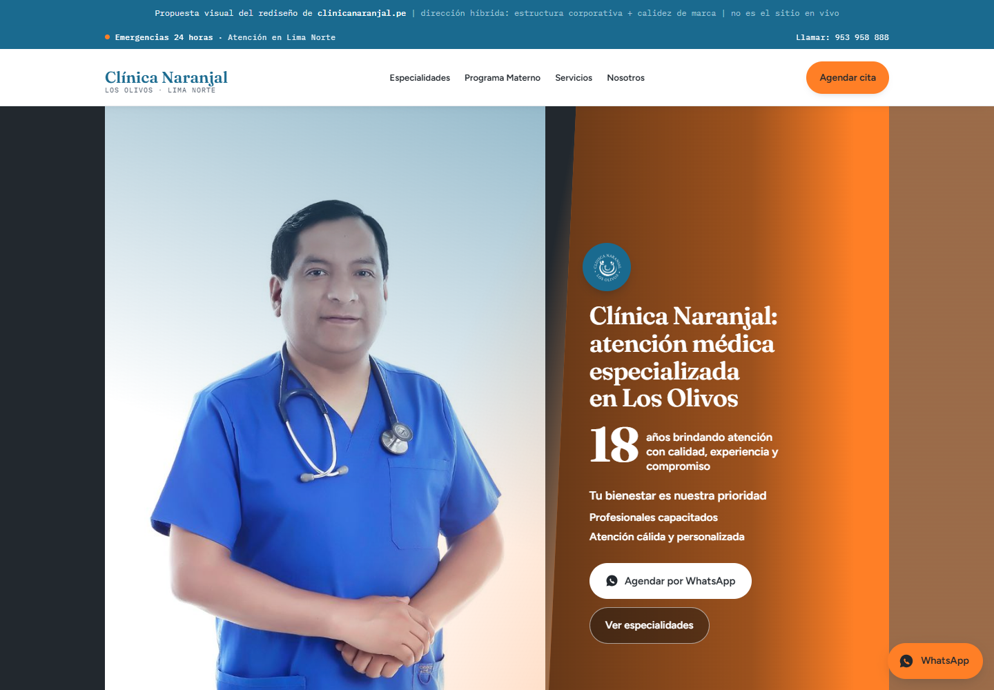 Mockup de escritorio de la página de inicio de Clínica Naranjal